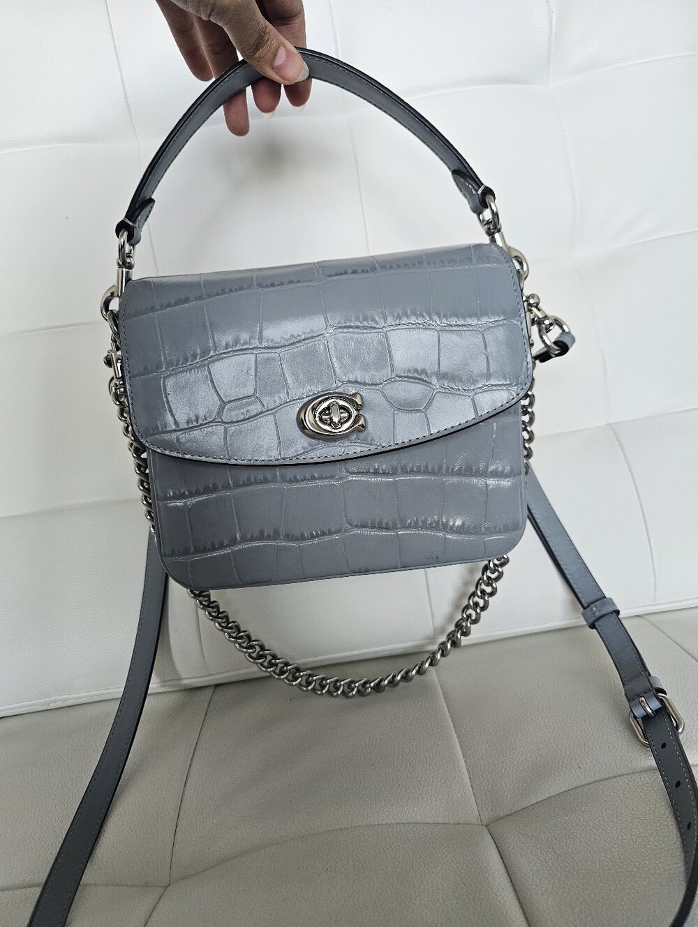 Authentic Coach Cassie Grey Croc-Embossed Top Handle Shoulder Bag